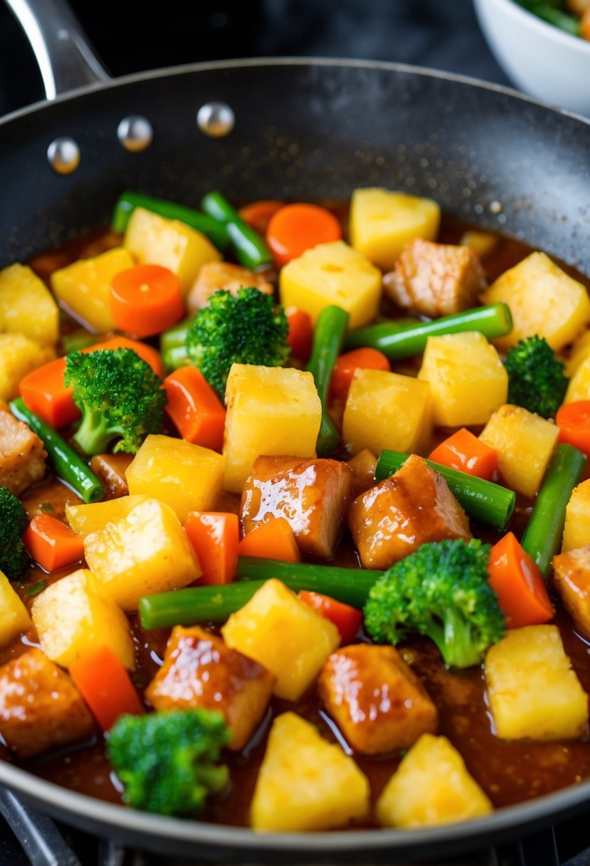 A sizzling stir-fry pan filled with chunks of pineapple, pork, and colorful vegetables, coated in a glossy sweet and sour sauce