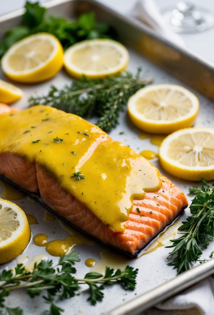 A piece of salmon covered in a savory mustard glaze, placed on a baking sheet surrounded by fresh herbs and lemon slices, ready to be baked