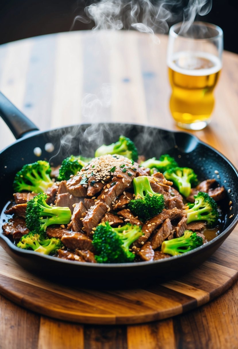 A sizzling skillet of beef and broccoli stir fry, topped with sesame seeds, steaming on a wooden table