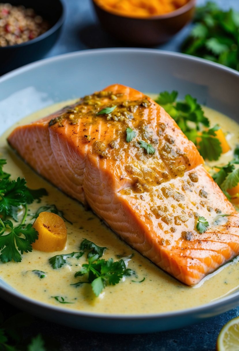 A golden-brown salmon fillet sits on a bed of creamy coconut curry sauce, surrounded by vibrant herbs and spices