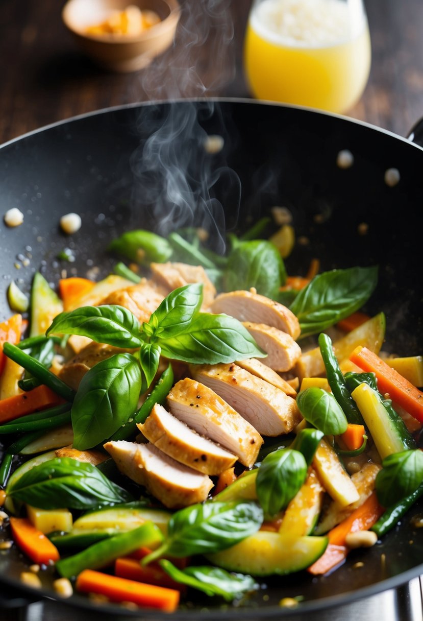 Fresh basil, sliced chicken, and colorful vegetables sizzle in a hot wok, releasing fragrant aromas as they cook together in a flavorful Thai basil sauce