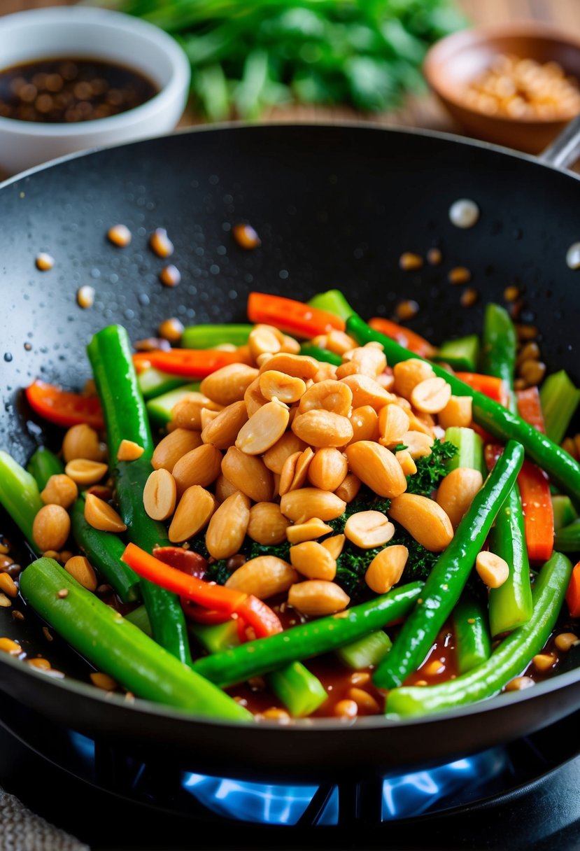 Fresh vegetables and peanuts sizzling in a wok with savory sauce