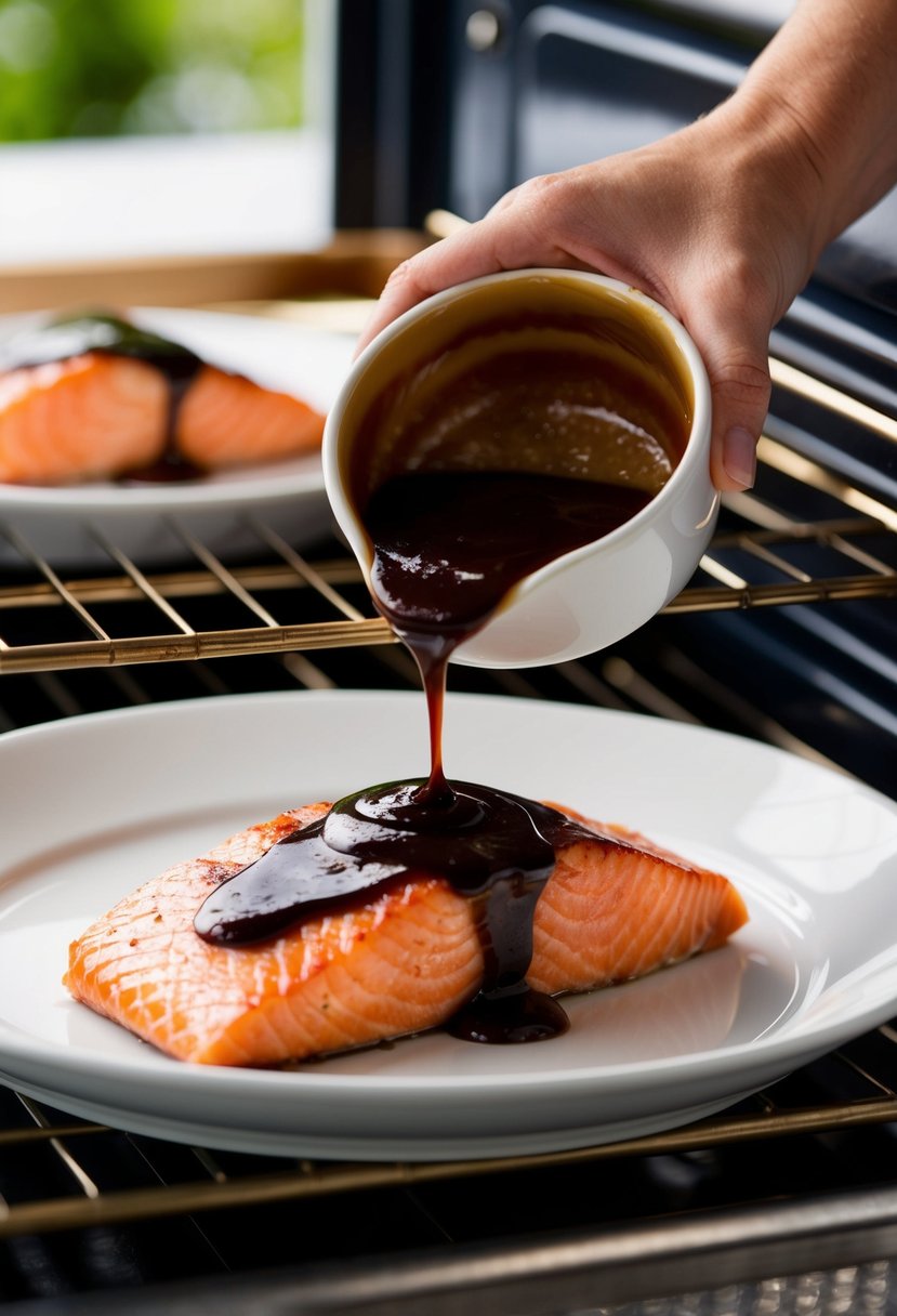 A succulent salmon fillet is being glazed with rich balsamic sauce before being placed in the oven to bake