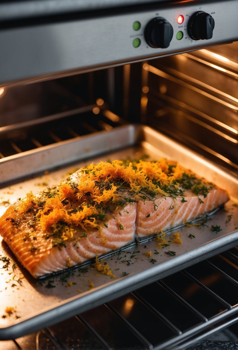 A piece of salmon covered in orange zest and herbs, baking in the oven