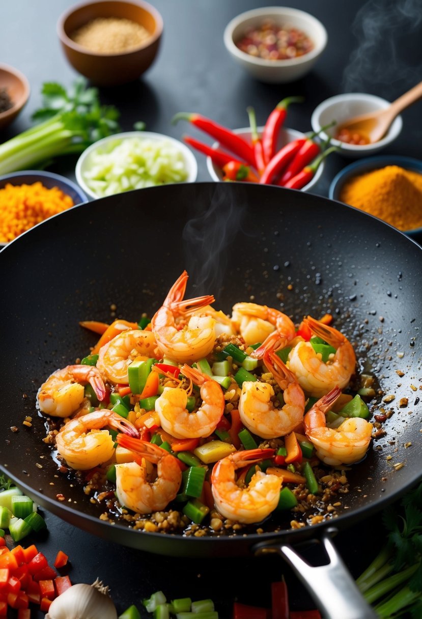 A sizzling wok with chili garlic prawn stir fry, surrounded by colorful chopped vegetables and aromatic spices