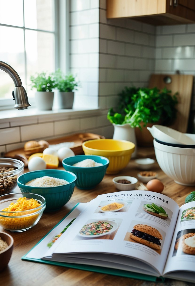 A kitchen counter with assorted ingredients, mixing bowls, and a recipe book open to a page on healthy bar recipes