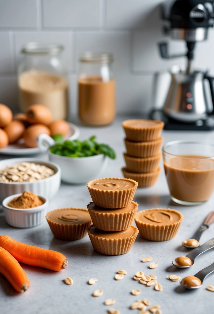 A kitchen counter with ingredients and utensils for making Peanut Butter-Oat Energy Cups