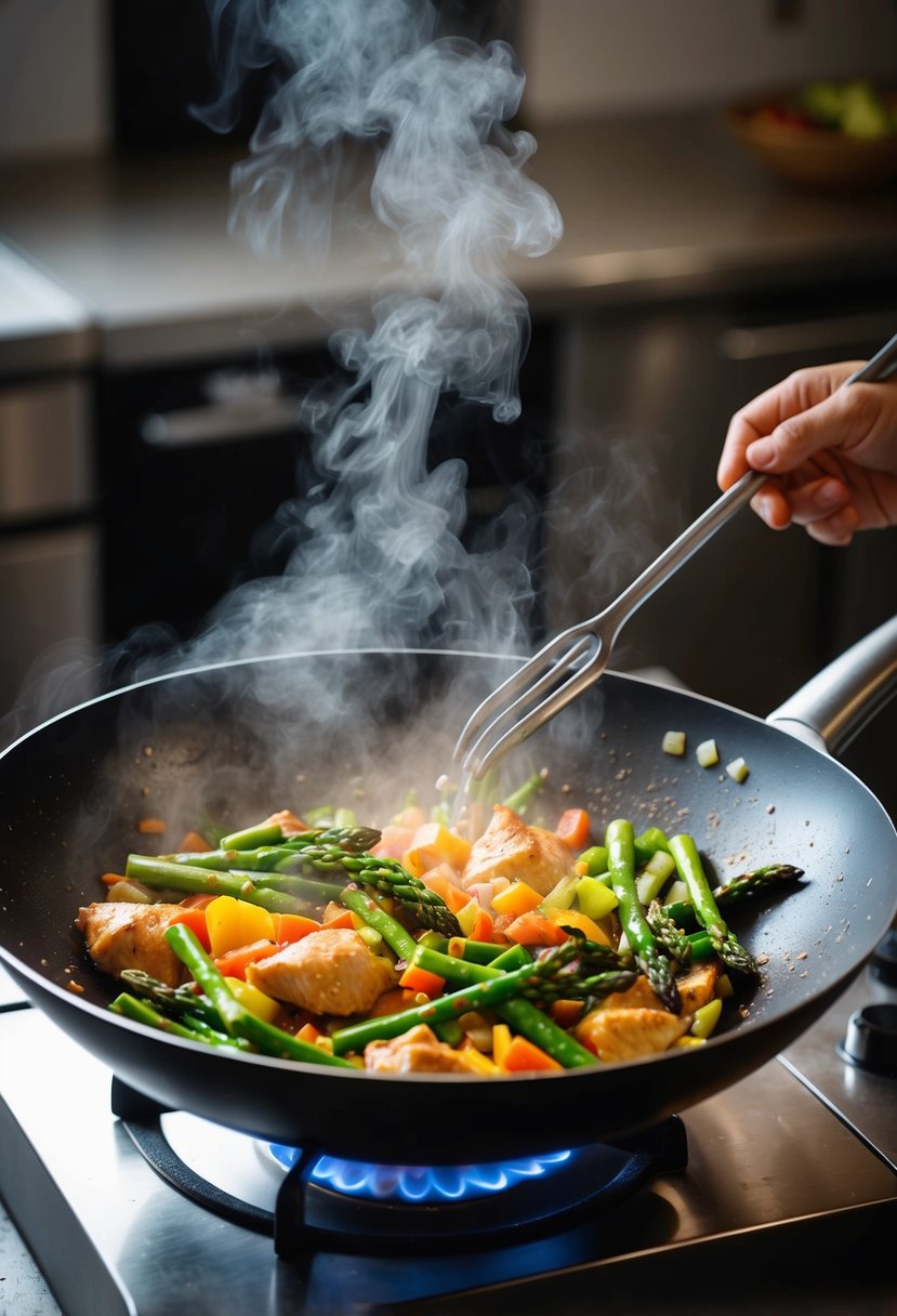 A sizzling wok with chicken, asparagus, and colorful vegetables being tossed in a fragrant stir fry sauce. Steam rises from the pan