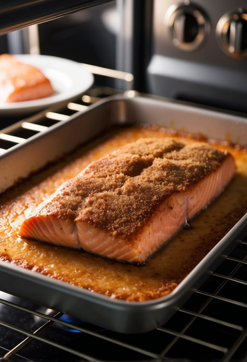 A fillet of salmon coated in brown sugar glaze, baking in the oven