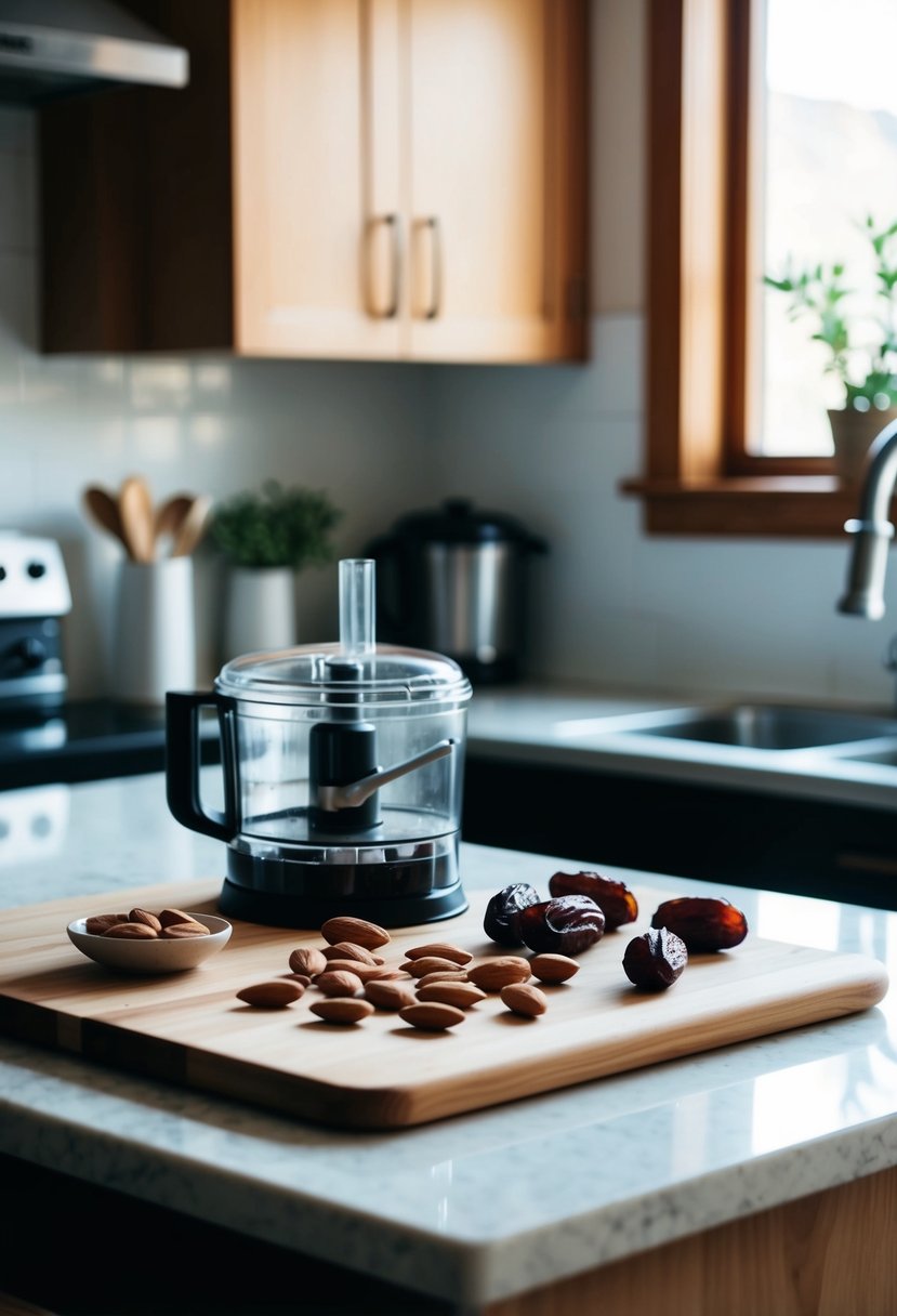 A kitchen counter with a cutting board, almonds, dates, and a food processor