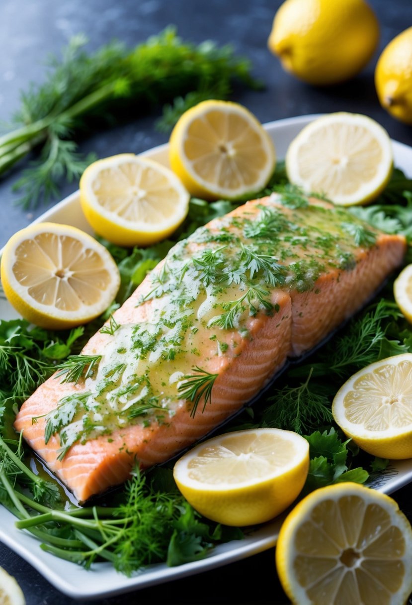 A fresh salmon fillet coated in a zesty lemon dill marinade, resting on a bed of fresh herbs and surrounded by halved lemons