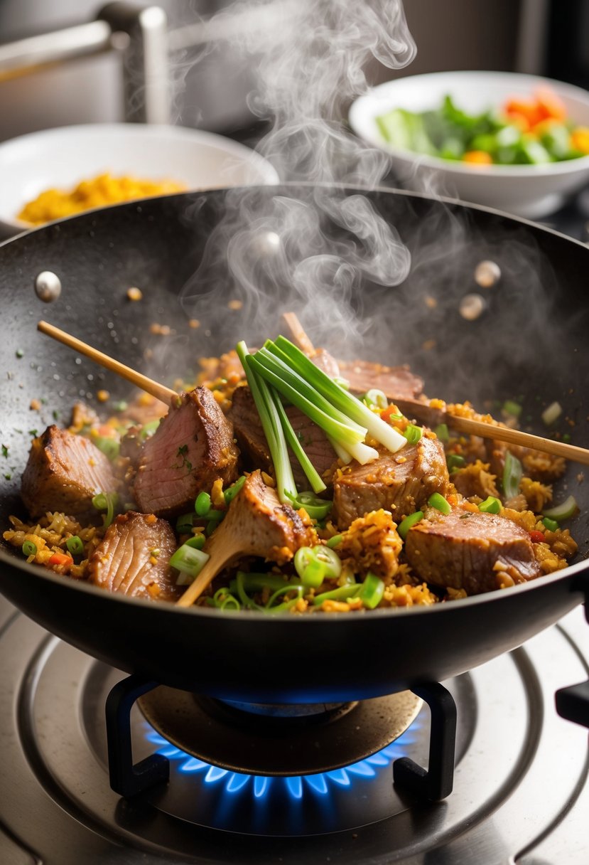 Sizzling Mongolian lamb stir fry with scallions in a hot wok. Steam rising, vibrant colors, and enticing aromas fill the kitchen