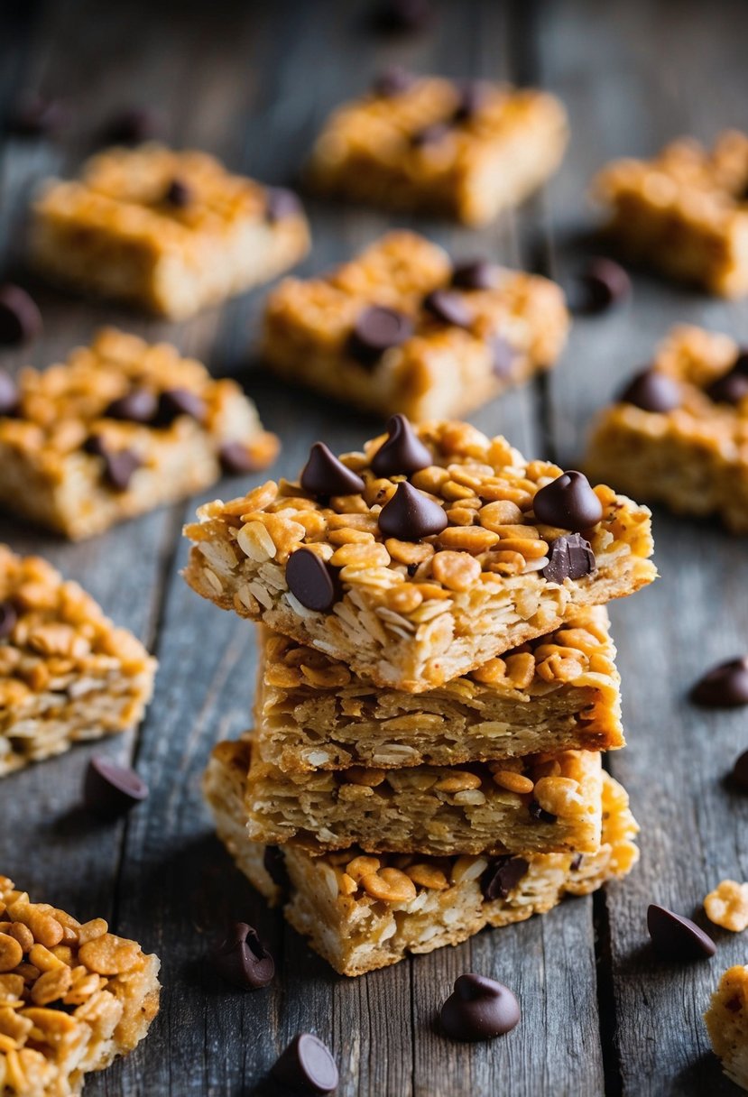 A colorful array of chewy granola bars with scattered chocolate chips on a rustic wooden table