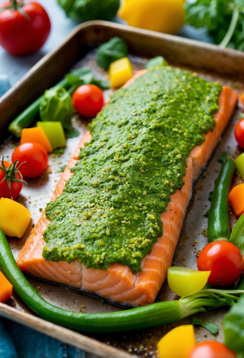 A salmon fillet covered in a vibrant green pesto crust, surrounded by colorful vegetables on a baking sheet