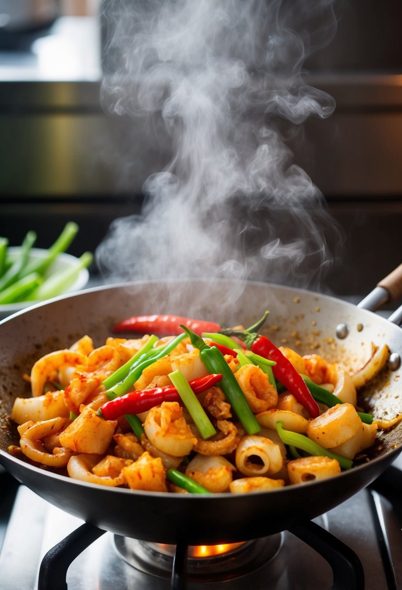 A sizzling wok holds spicy stir-fried squid with vibrant red chili peppers, green scallions, and tender pieces of squid. Steam rises as the dish is expertly tossed