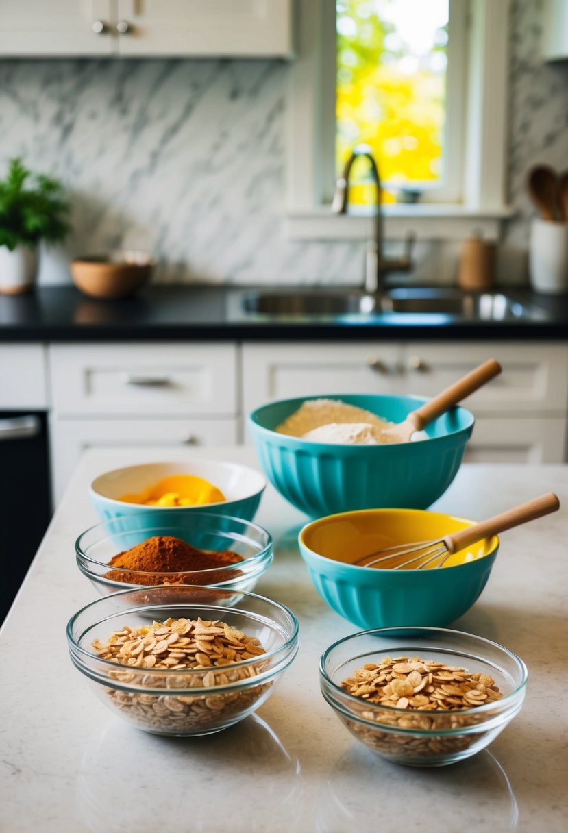 A kitchen counter with ingredients and mixing bowls for making no-bake oatmeal bars