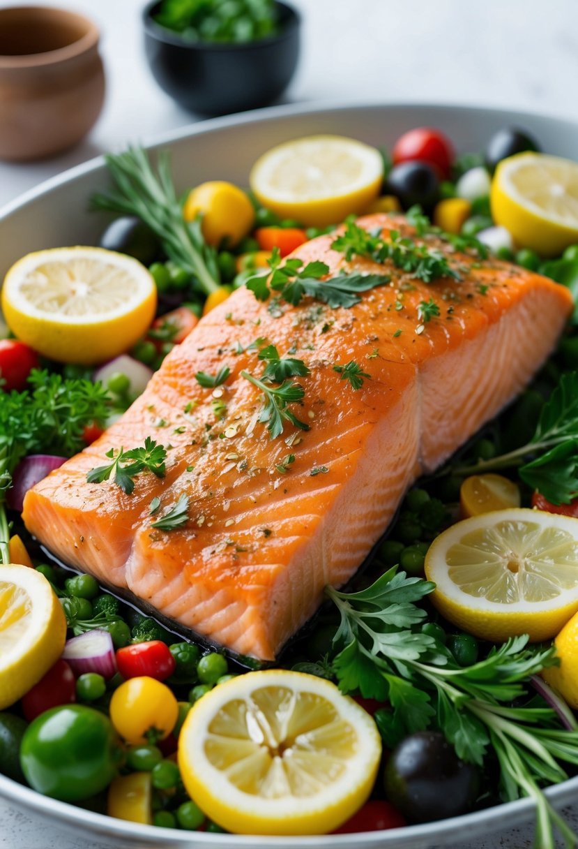 A golden-brown salmon fillet is surrounded by fresh herbs and lemon slices, resting on a bed of colorful Mediterranean vegetables