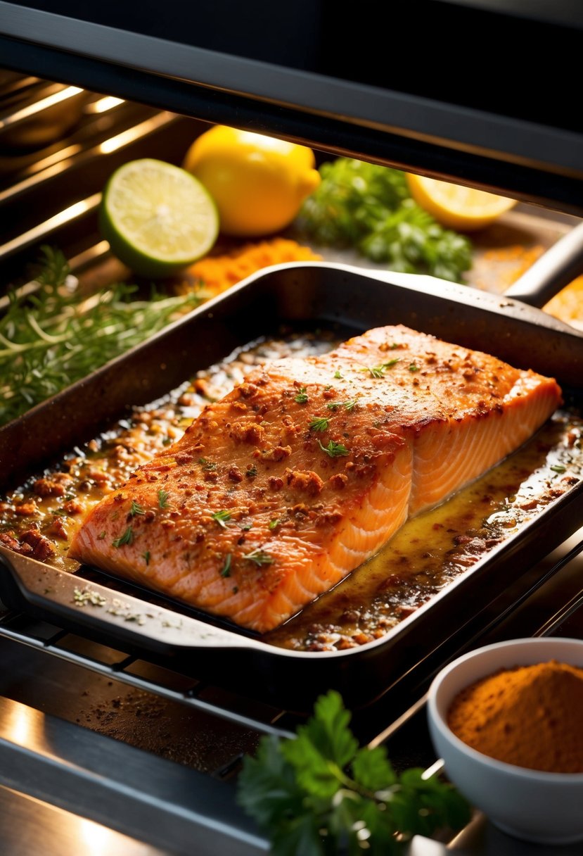 A sizzling Cajun spiced salmon fillet baking in the oven, surrounded by vibrant herbs and spices