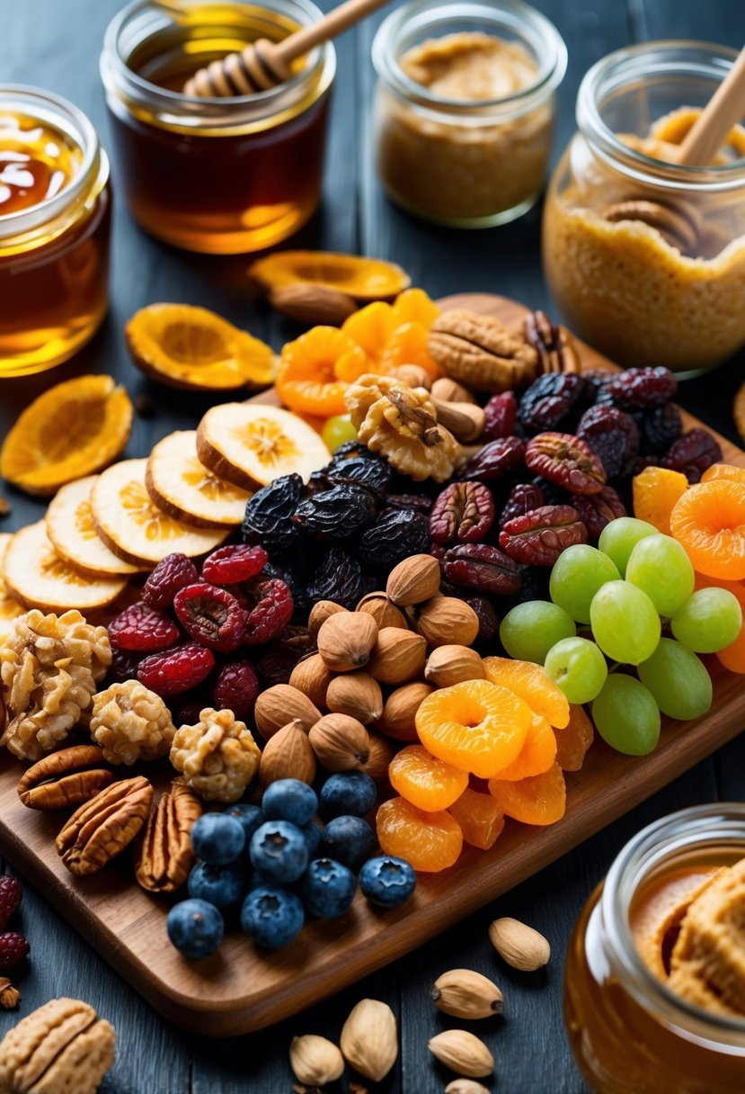 A colorful array of dried fruits and nuts arranged on a wooden cutting board, surrounded by jars of honey and nut butter