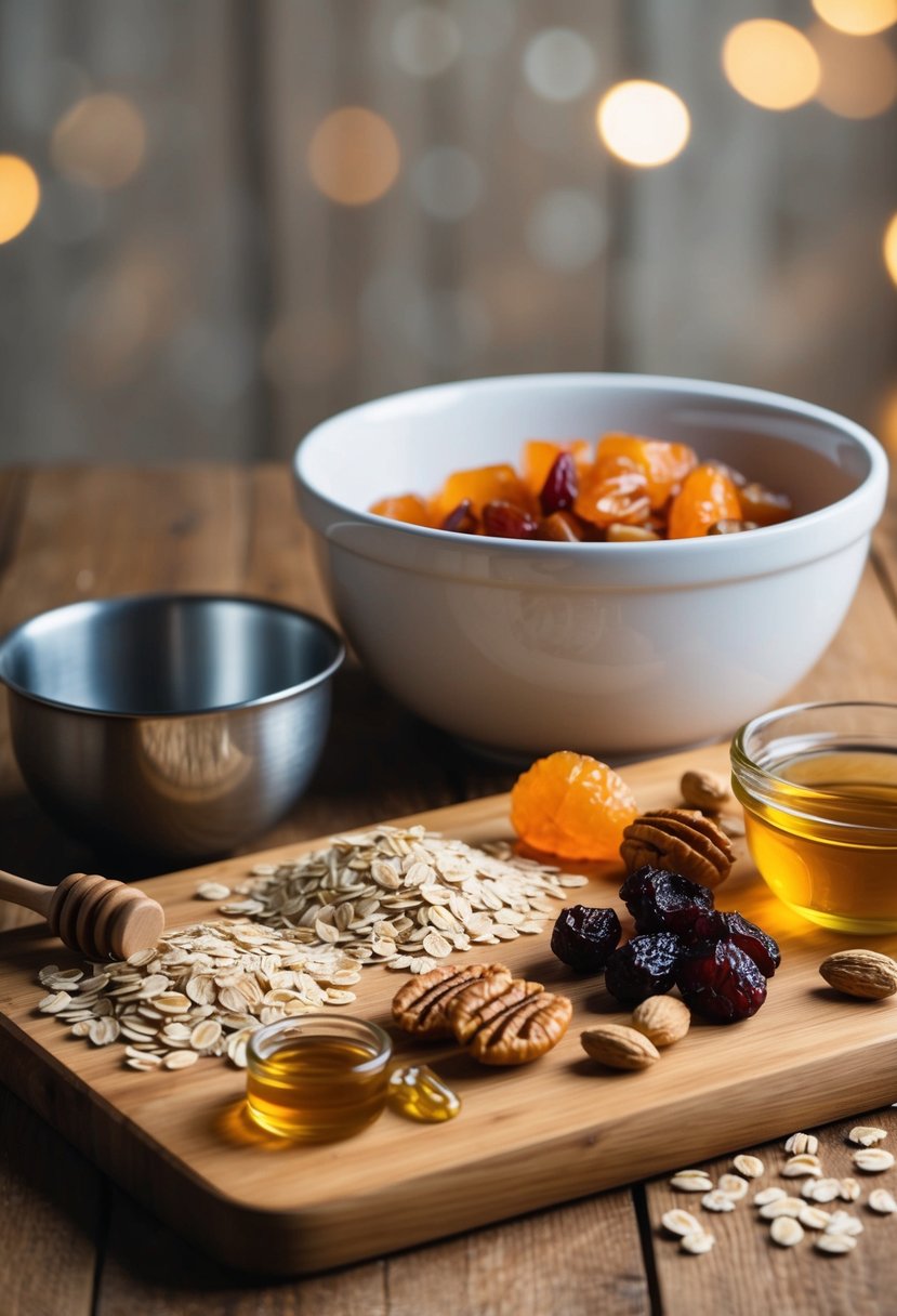 A wooden cutting board with oats, nuts, honey, and dried fruit laid out next to a mixing bowl and a baking pan