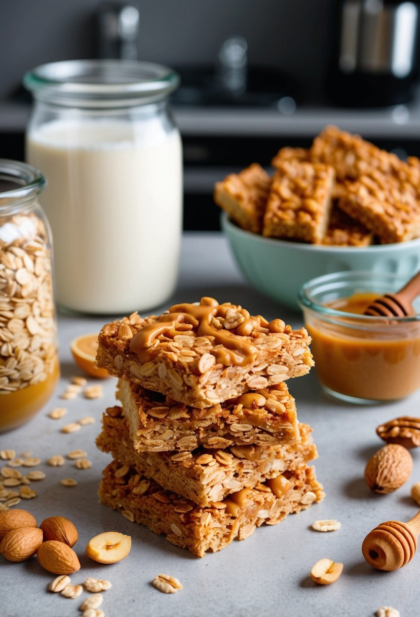 A kitchen counter with a variety of wholesome ingredients like oats, nuts, and honey, along with a batch of freshly baked crunchy peanut butter granola bars