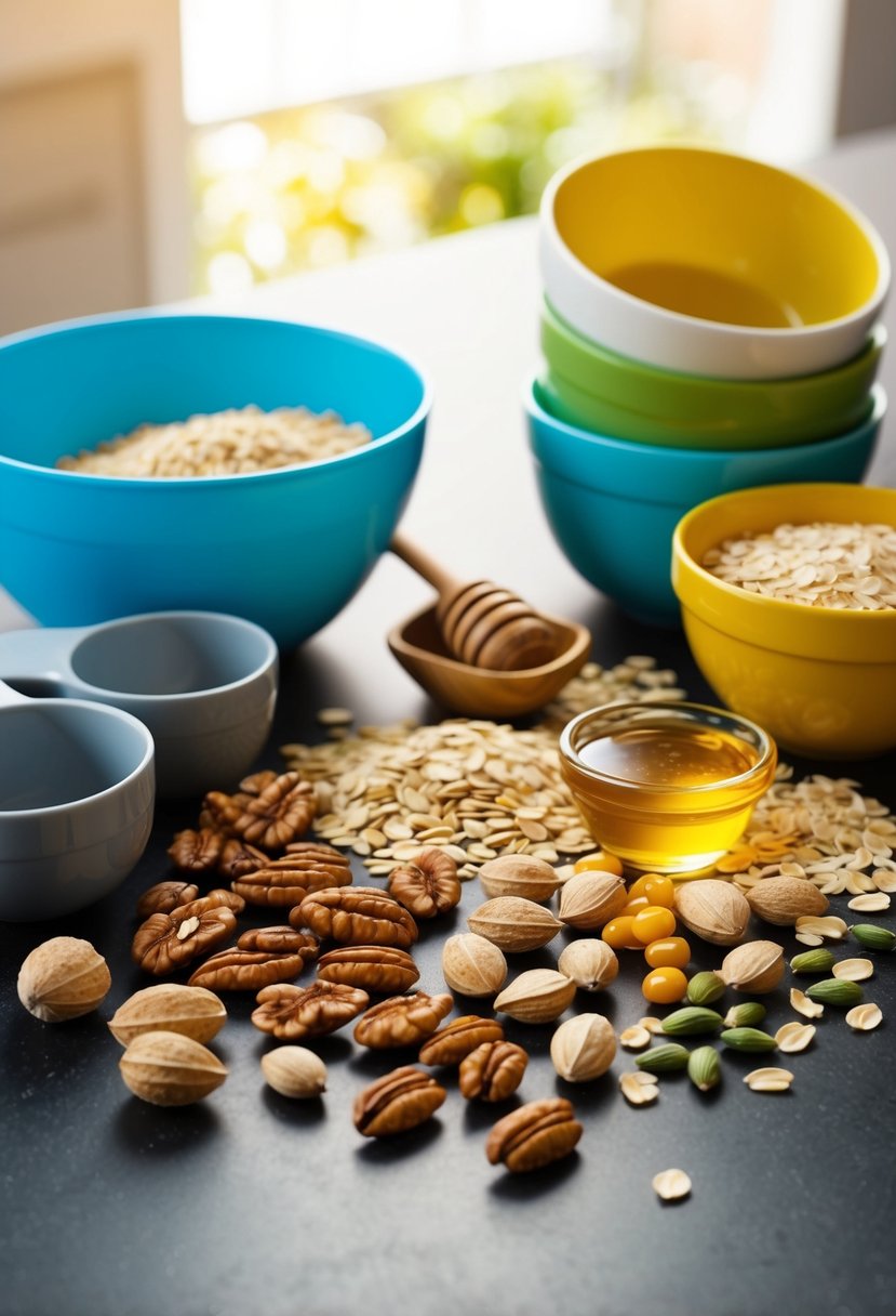 A kitchen counter with a variety of nuts, seeds, oats, and honey laid out, surrounded by measuring cups and mixing bowls