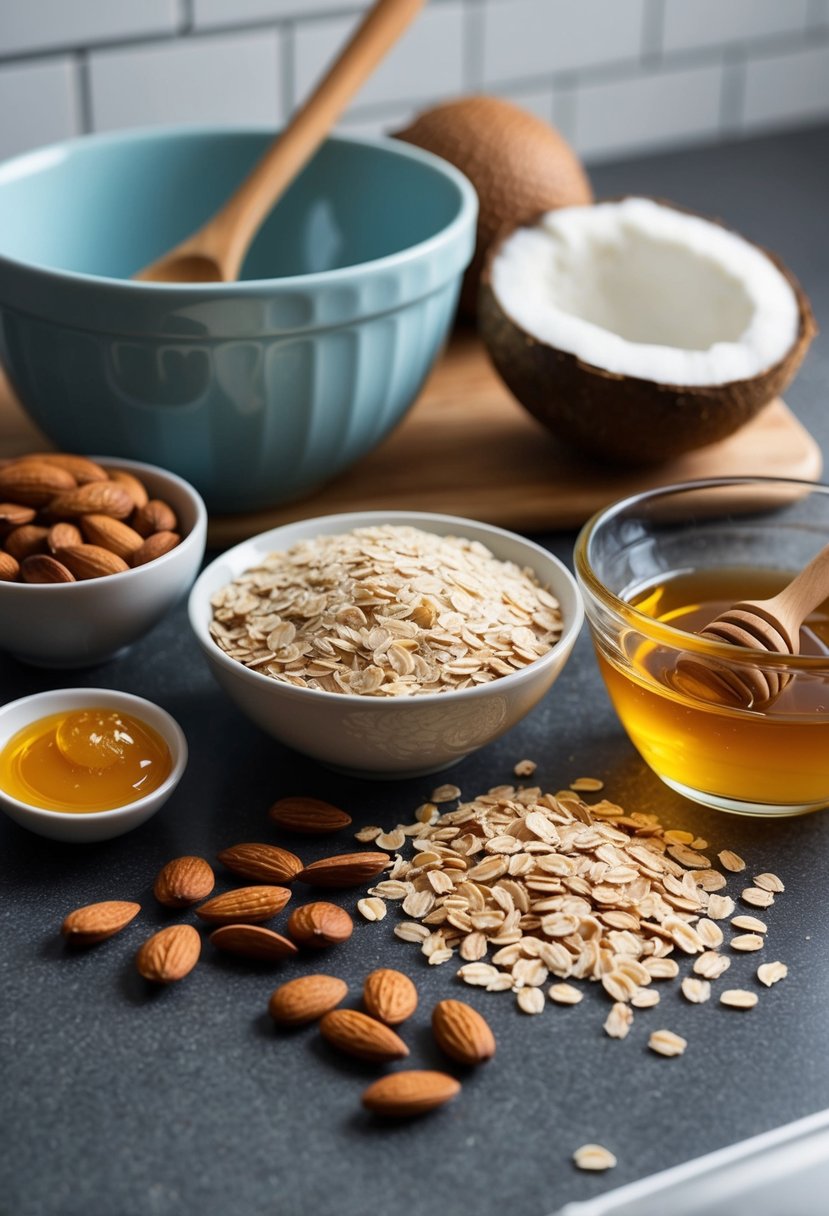 A kitchen counter with ingredients: oats, almonds, coconut, honey, and a mixing bowl