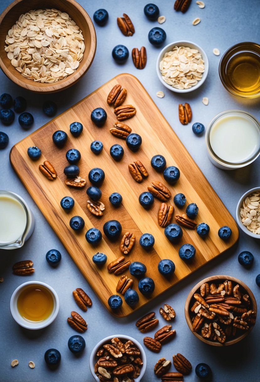 A wooden cutting board with scattered blueberries and pecans, surrounded by ingredients like oats, honey, and almond milk