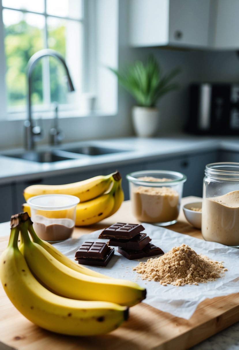 A kitchen counter with ingredients (bananas, chocolate, protein powder) and utensils for making protein bars