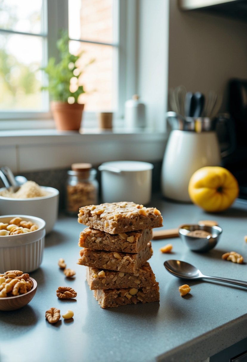 A kitchen counter with ingredients and utensils for making maple-walnut energy bars