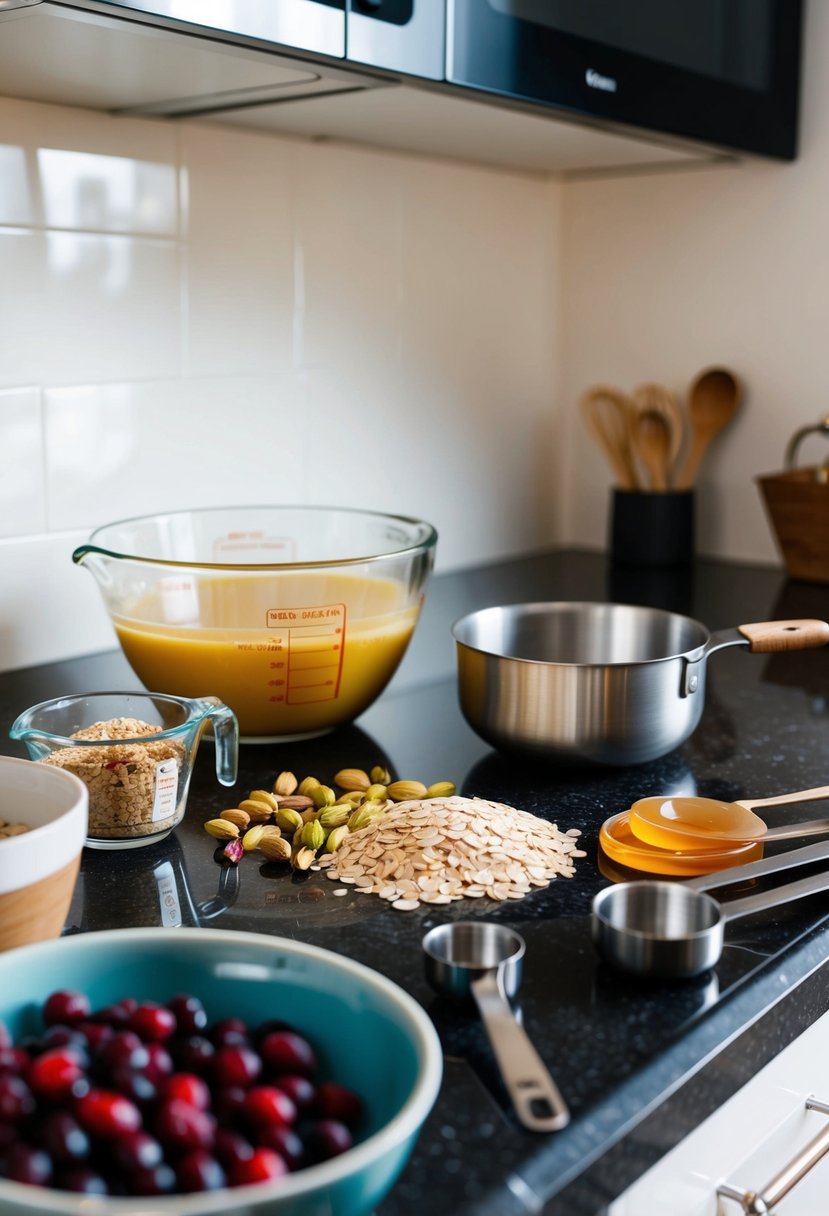 A kitchen countertop with ingredients: cranberries, pistachios, oats, and honey. Mixing bowl, measuring cups, and a baking pan