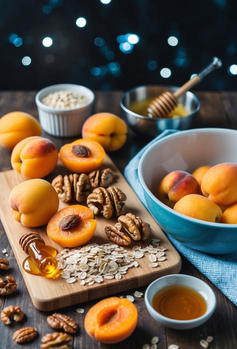 A cutting board with apricots, walnuts, oats, and honey arranged next to a mixing bowl and baking pan