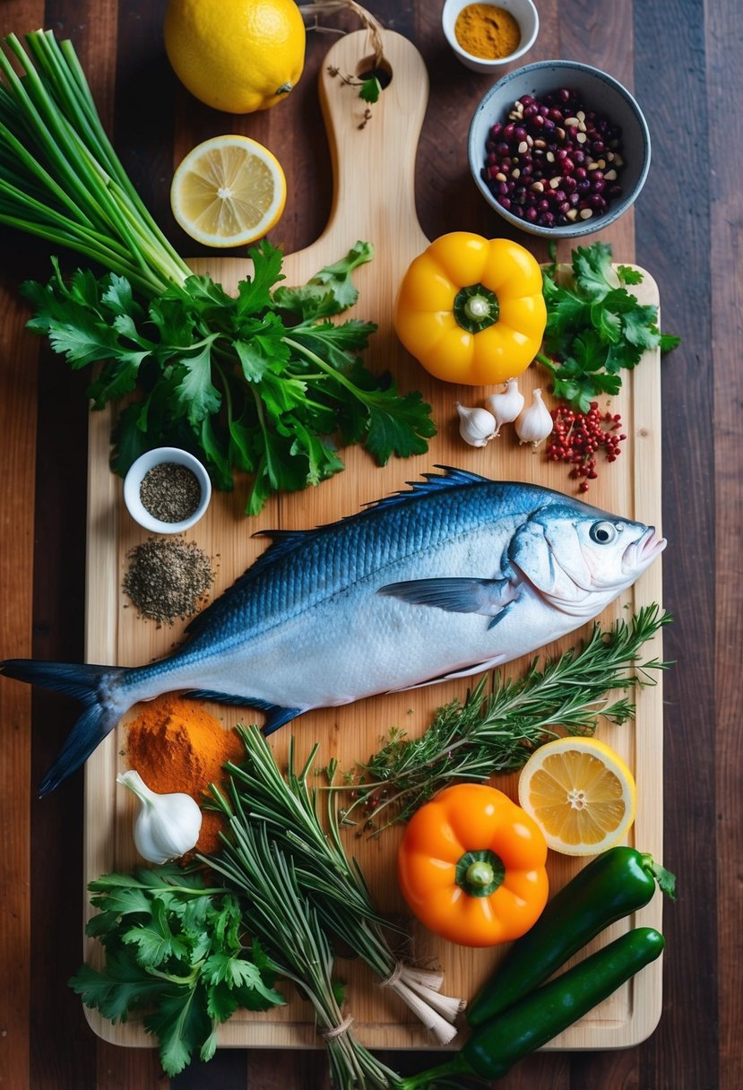 A colorful array of fresh ingredients, including herbs, spices, and a fillet of mahi mahi, laid out on a wooden cutting board