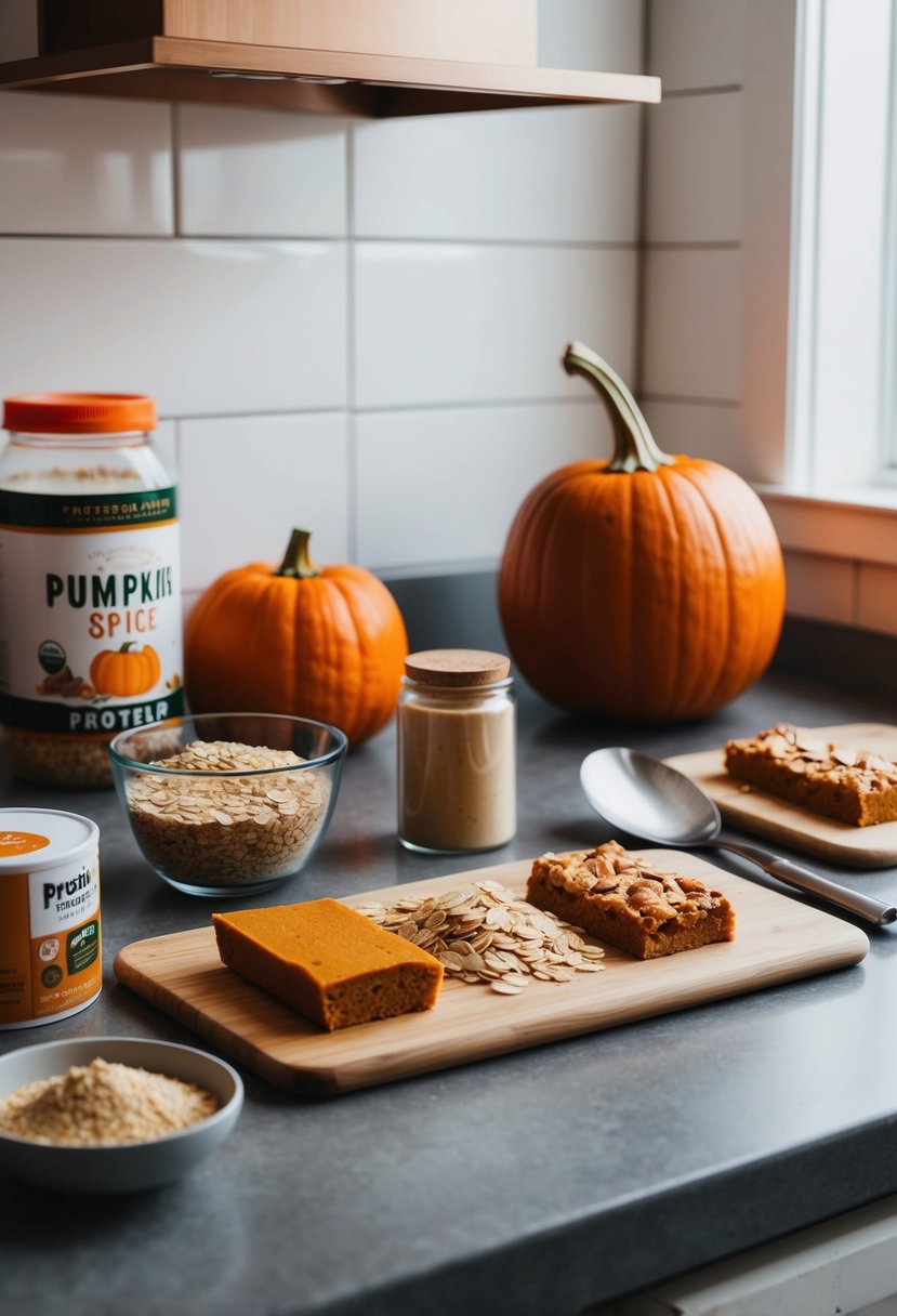 A kitchen counter with ingredients (pumpkin, oats, protein powder) and utensils for making pumpkin spice protein bars