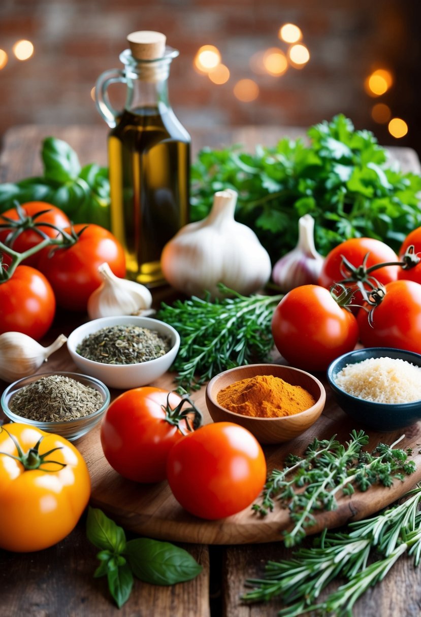 A variety of colorful ingredients and spices arranged on a wooden table, including tomatoes, garlic, herbs, and olive oil, ready to be used in sauce recipes