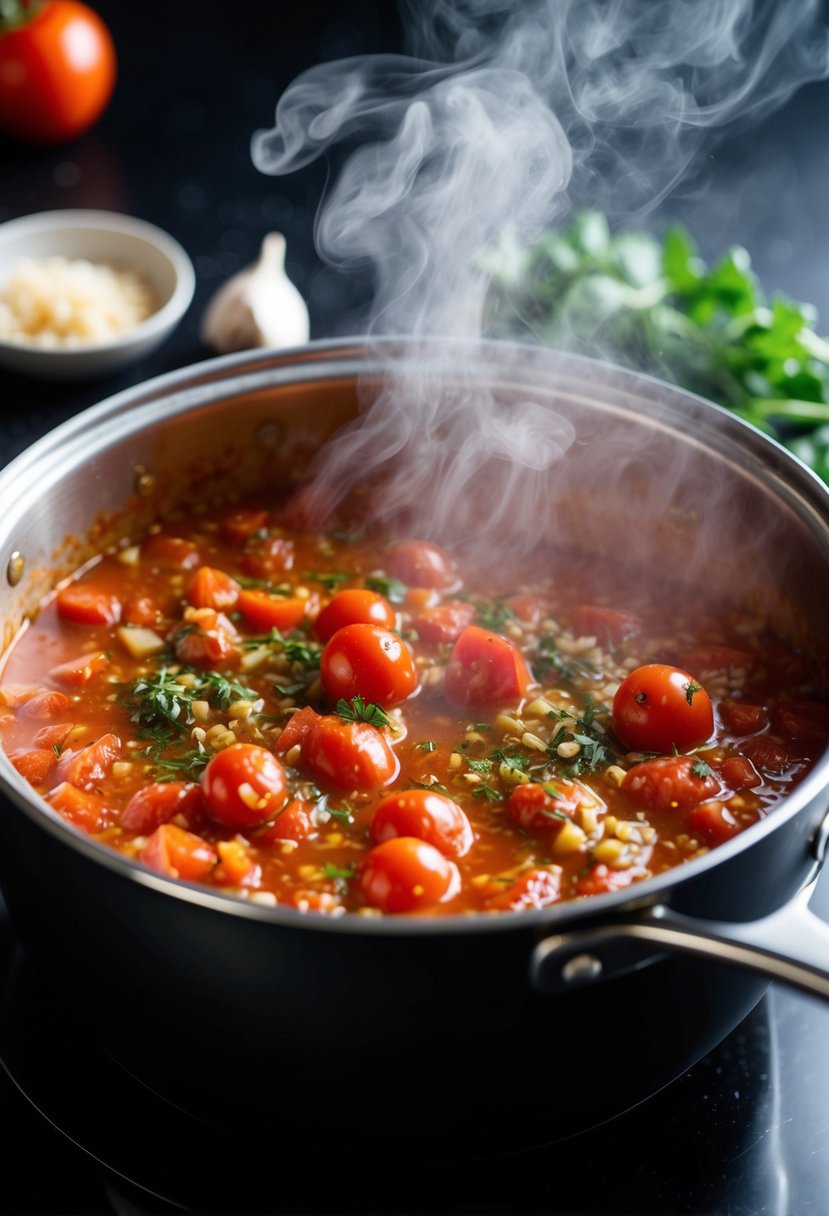 A pot simmers with tomatoes, garlic, and herbs. Steam rises as the ingredients meld into a rich marinara sauce