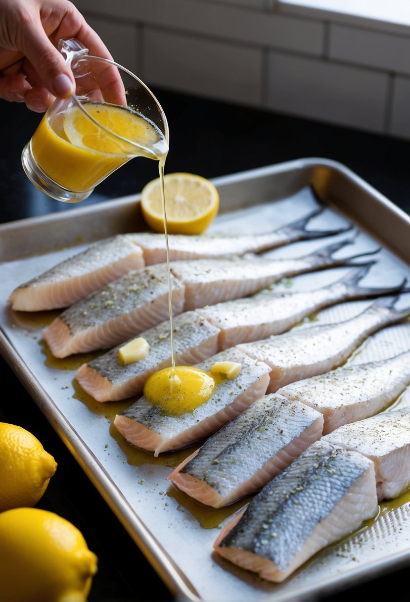 Mahi Mahi fillets being seasoned, drizzled with butter and lemon, then placed on a baking sheet