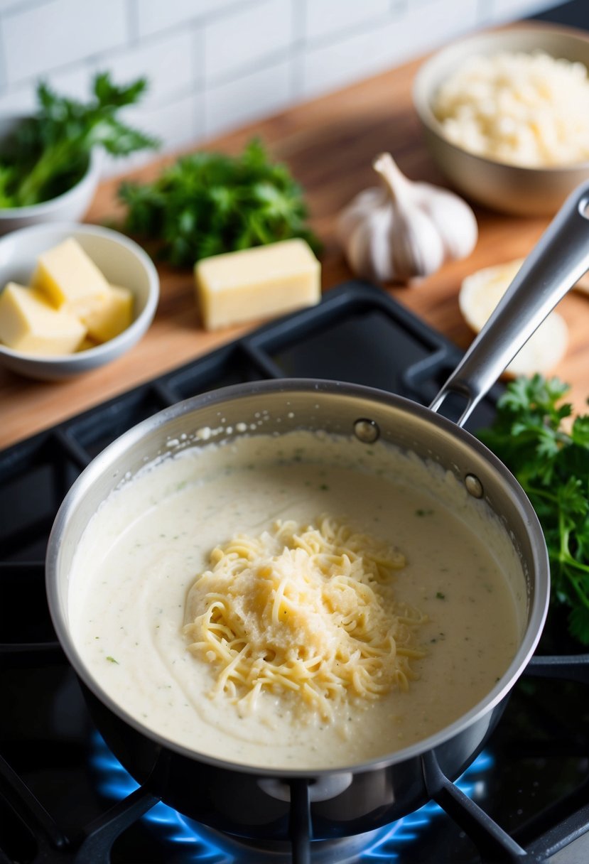 A pot of creamy Alfredo sauce simmers on a stovetop, surrounded by fresh ingredients like garlic, butter, and Parmesan cheese