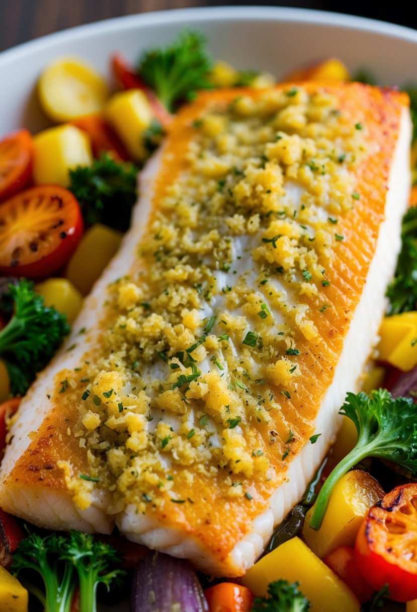 A golden-brown Mahi Mahi fillet, coated in a flavorful garlic and herb crust, rests on a bed of colorful roasted vegetables