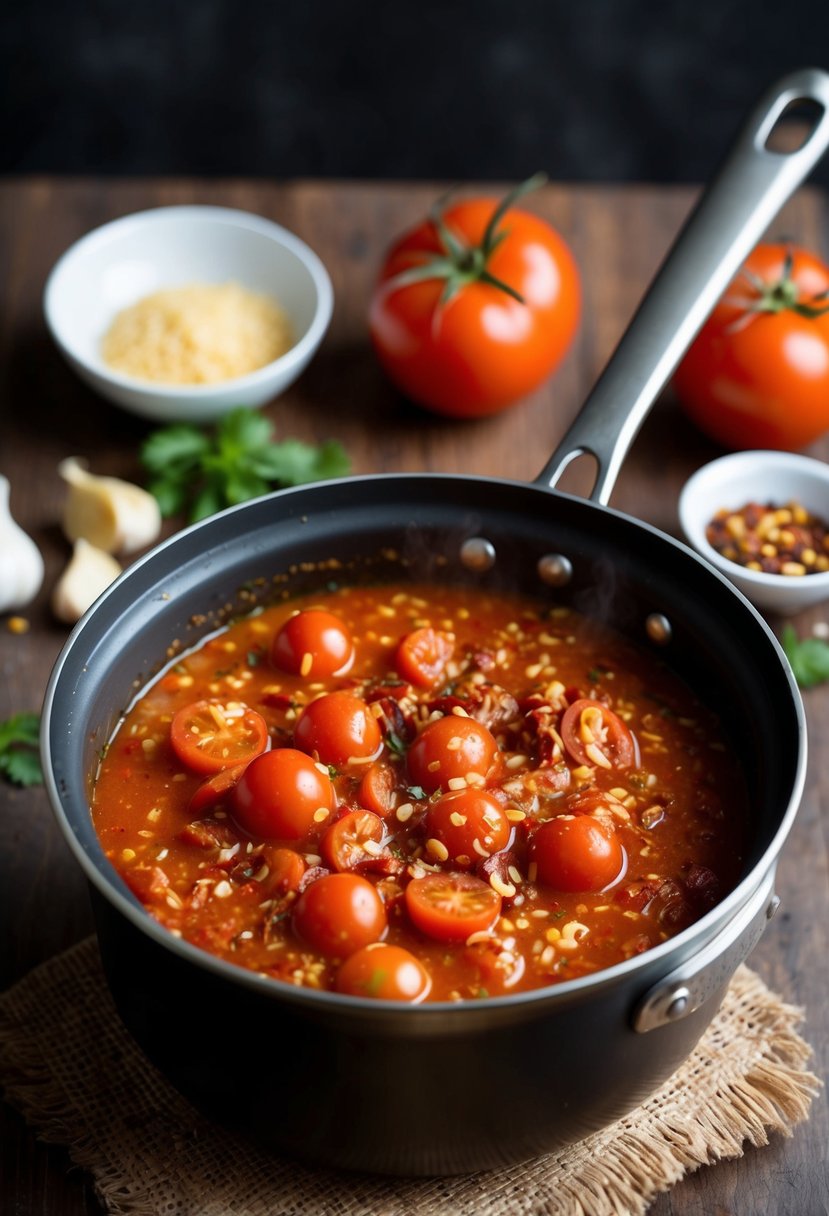 A pot simmering with tomatoes, garlic, and chili flakes for Spicy Arrabbiata Sauce