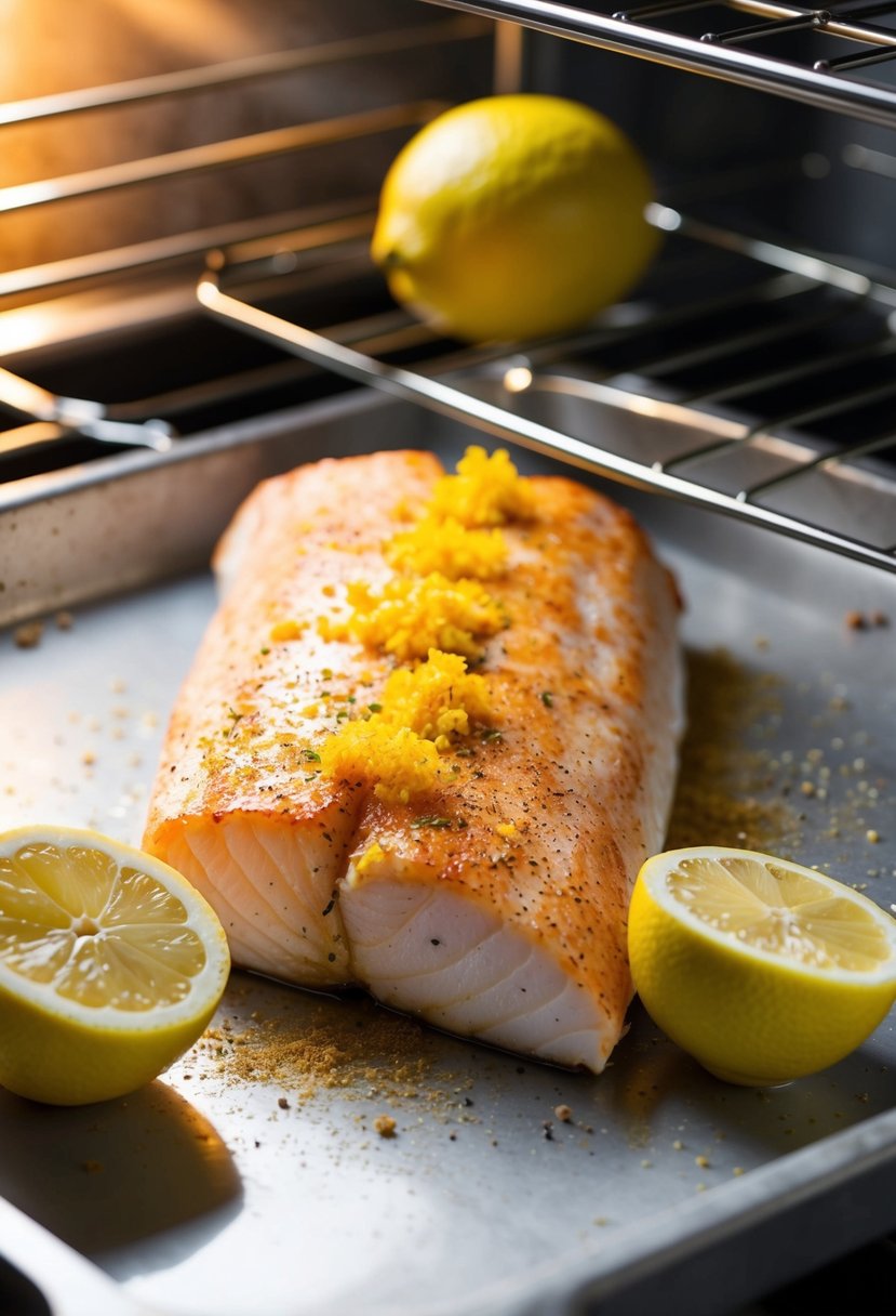 A vibrant zesty lemon and paprika seasoned mahi mahi fillet baking in the oven