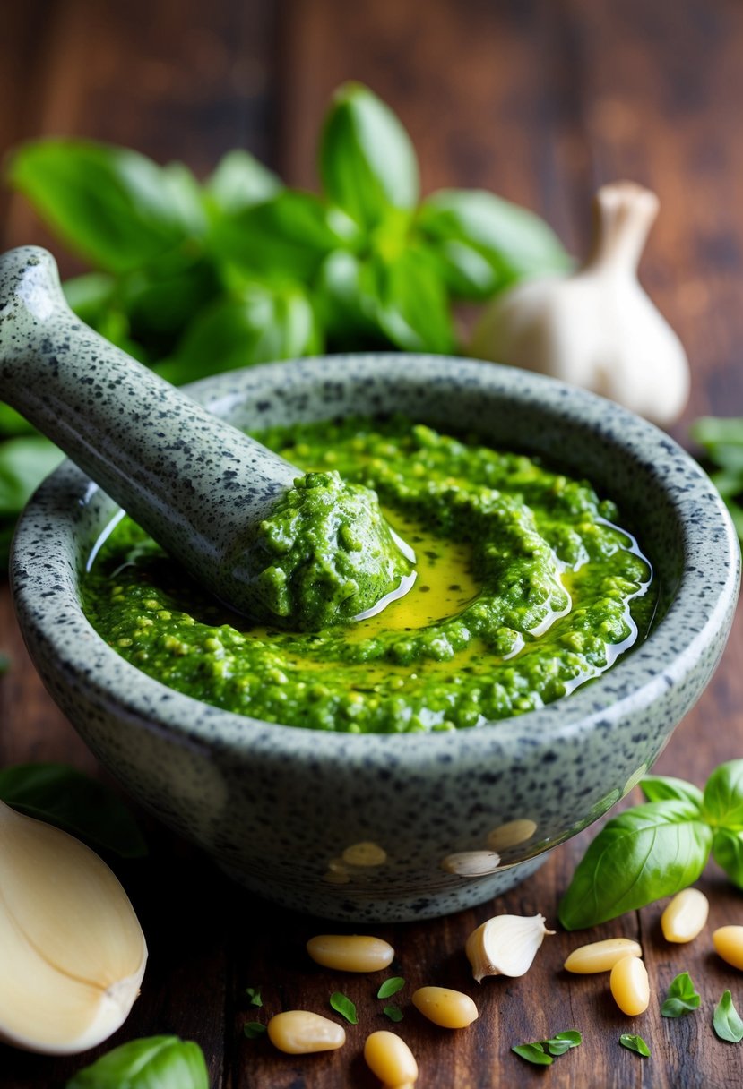 A mortar and pestle grinding fresh basil, pine nuts, garlic, and olive oil into a vibrant green Pesto Genovese sauce