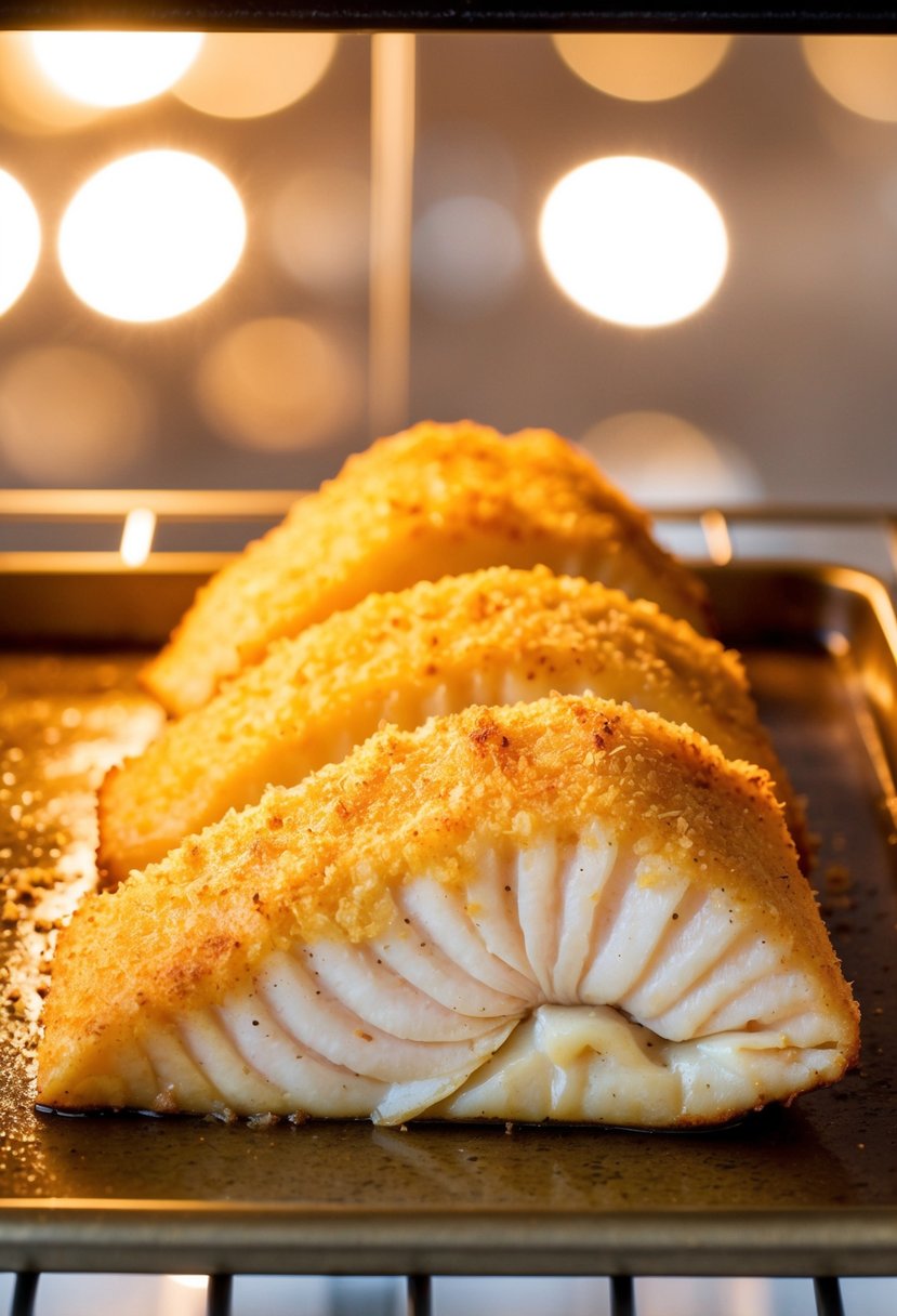 A golden-brown Parmesan crusted Mahi Mahi fillet baking in the oven