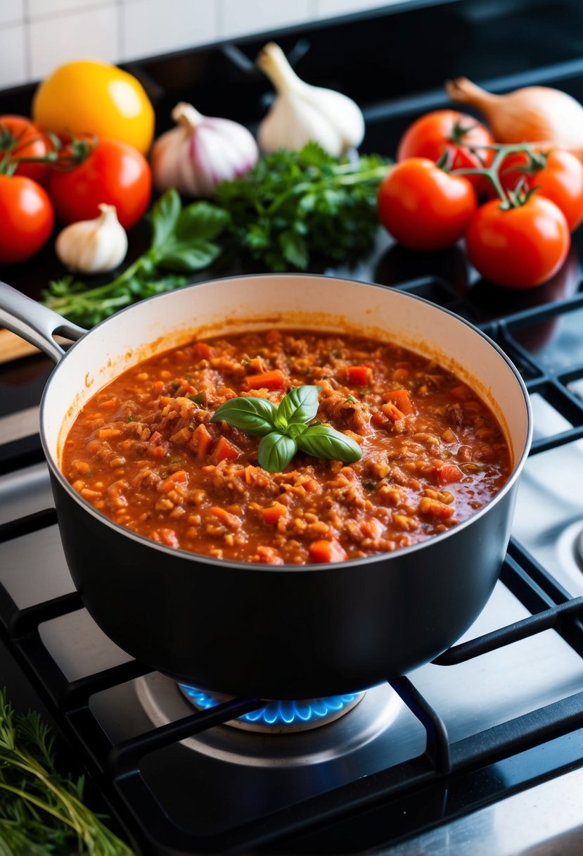 A simmering pot of Bolognese sauce on a stovetop, surrounded by fresh ingredients like tomatoes, onions, garlic, and herbs