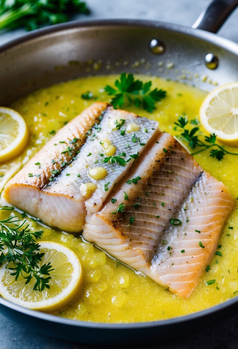 A mahi mahi fillet sizzling in a pan with bubbling garlic butter sauce, surrounded by fresh herbs and lemon slices