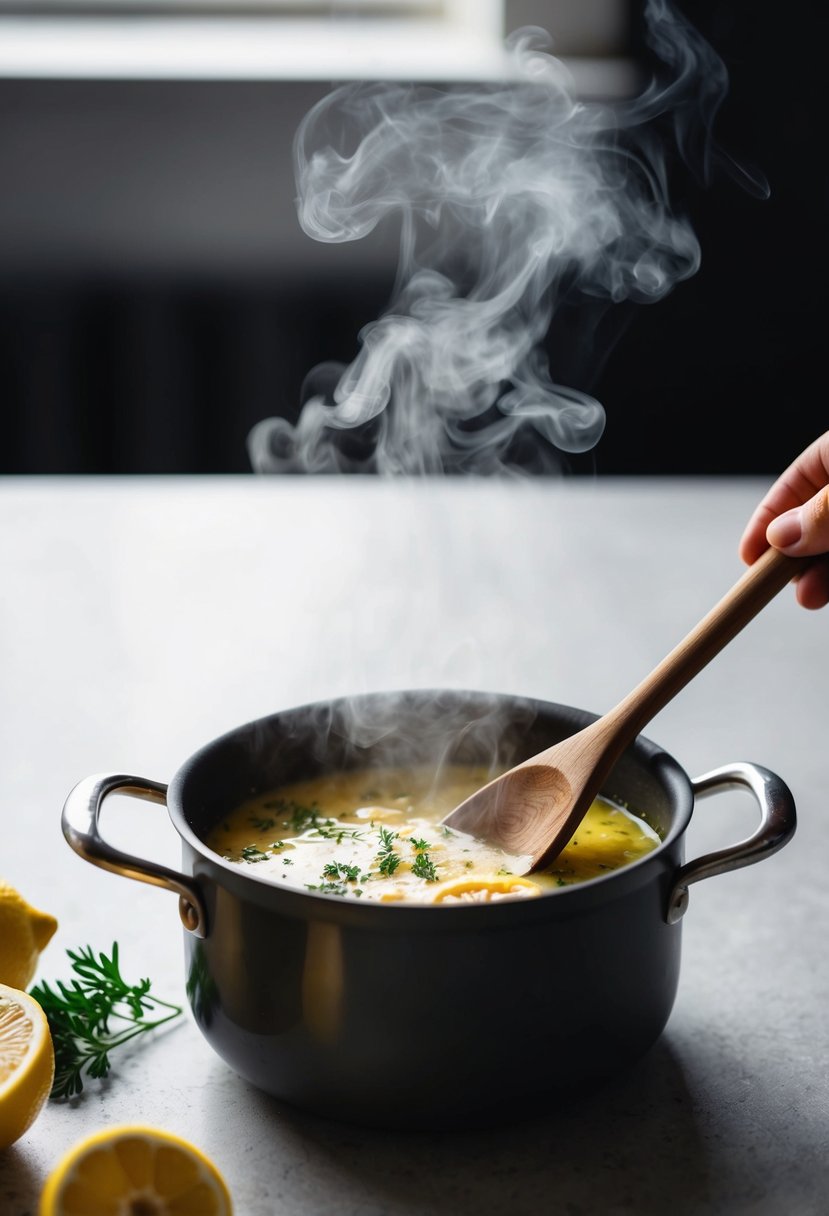 A small pot simmering with lemon, butter, and herbs. A wooden spoon stirs the sauce as steam rises