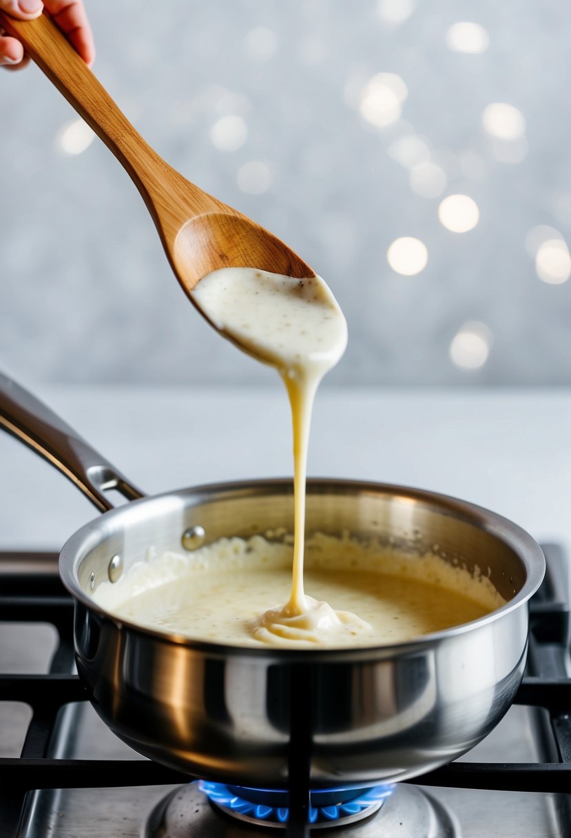 A wooden spoon stirring a creamy garlic parmesan sauce in a stainless steel saucepan over a gas stove