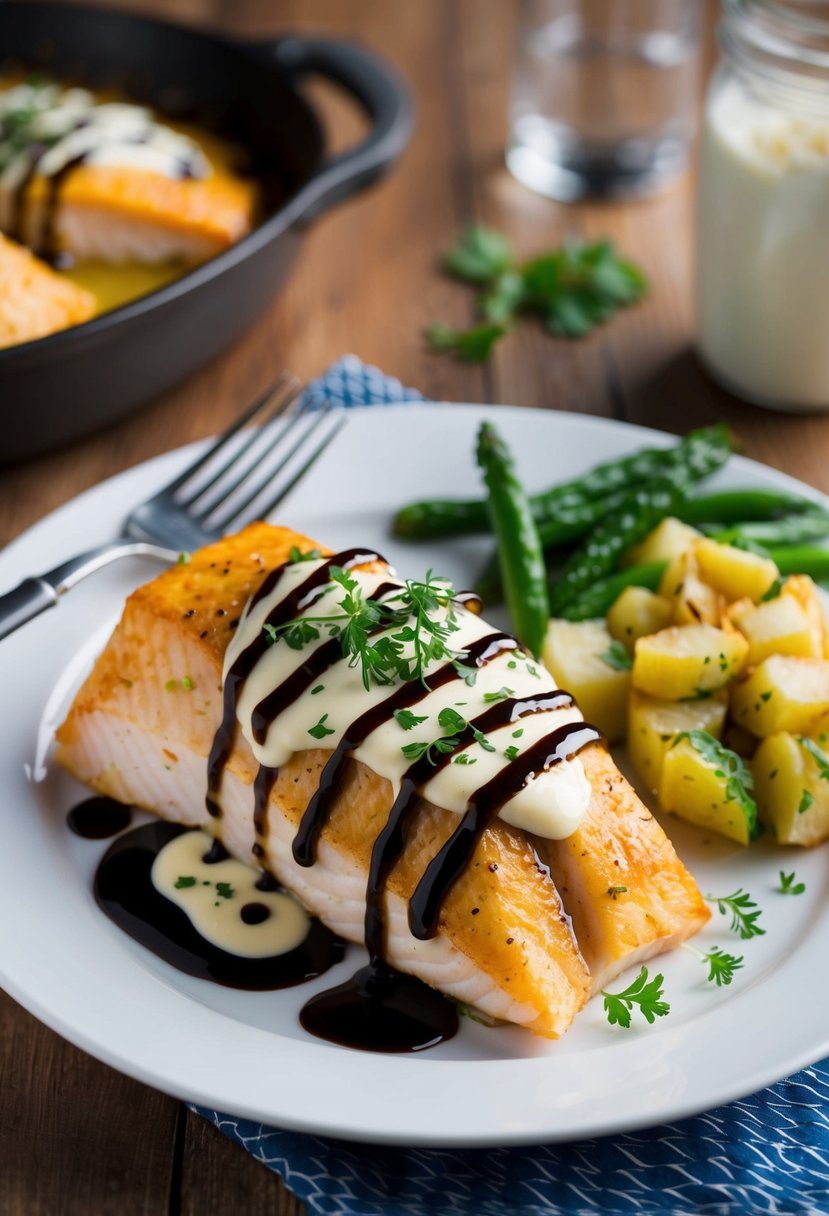 A plate of baked mahi mahi drizzled with soy sauce and mayonnaise, garnished with herbs and served with a side of vegetables