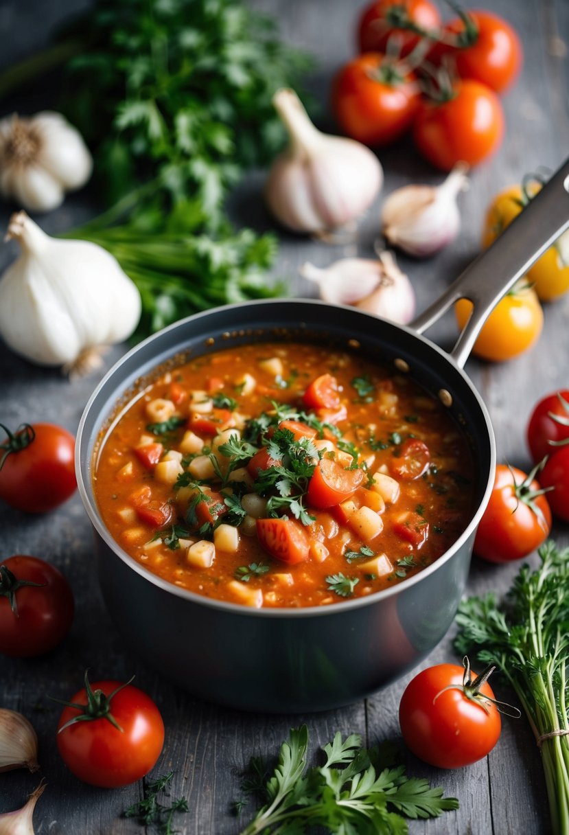 A pot simmering with rich vodka sauce, surrounded by fresh tomatoes, garlic, onions, and herbs