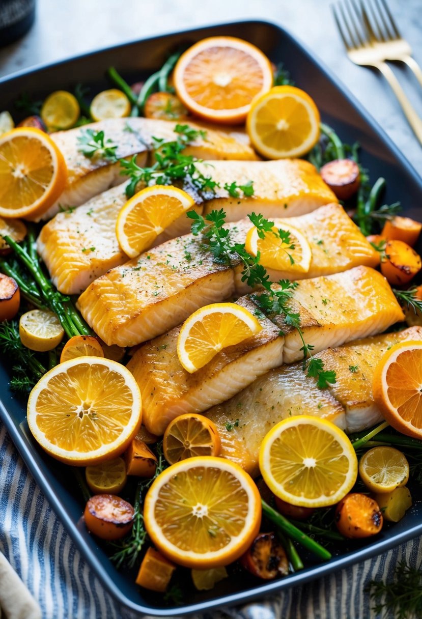 A platter of golden-brown mahi mahi fillets surrounded by vibrant citrus slices and fresh herbs, sitting atop a bed of roasted vegetables